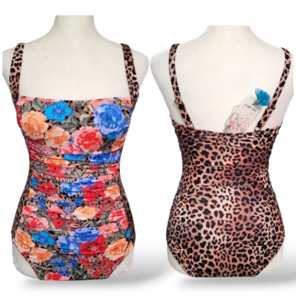 Johnny Was Ruched Floral Cheetah One Piece Swimsuit Boho Resort NWT XS